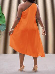 Slaydiva Plus Size Elegant Solid Color Asymmetric Hem Dress - Orange - View 2