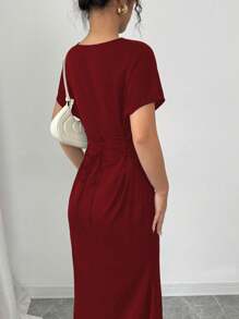 RosyDaze 早春女士优雅浪漫低胸露背系带腰鱼尾连衣裙 - 酒紅色 - 查看 2