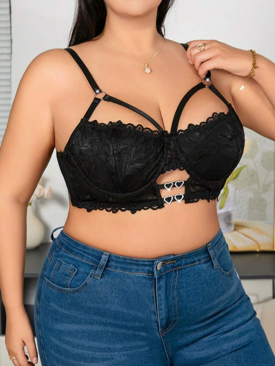 Plus Size Women Hollow Out Sexy Lace Lingerie Bralette - Black - View 1
