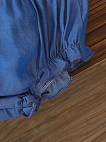 SHEIN Baby Girls Solid Blue Round Neck Short Sleeve Top And Matching Shorts Set, Minimalist Style, Fitted Silhouette, Suitable For Outdoor Play And Comfortable Home Wear, Convenient Daily Outfit For Infants - Blue - View 8