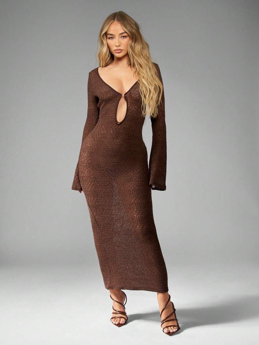 MISSGUIDED Crochet Knit Maxi Dress Long Sleeve Bodycon Cut-Out Floor Length  ElegantMISSGUIDED