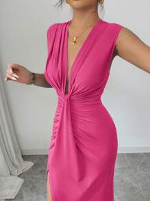 Rafferiza Elegant Sleeveless Blue Deep V-Neck Draped Hem Split Spring/Summer Women Dress - Hot Pink - View 6