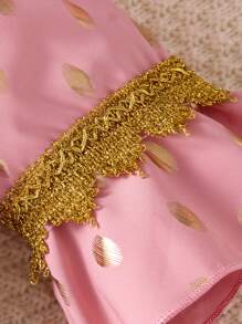 Girls' Noble V-Neck Black & Gold Foil Polka Dot Lace Puff Sleeve Cinched Waist Dress, Everyday Sibling Matching Outfits (3 Pieces Sold Separately) - Pink - View 4