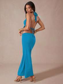 Hauture Women 2pcs/Set Summer Halter Cropped Top And Skirt Set - Teal Blue - View 4