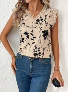 SHEIN Clasi Camiseta con estampado floral, parches de encaje, estilo minimalista adecuada para el verano