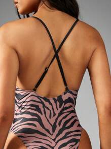 MISSGUIDED 现代动物印花女式高腰连体泳衣连体海滩度假夏季泳池泳衣高级时尚热带度假服系列 - 棕色 - 查看 6