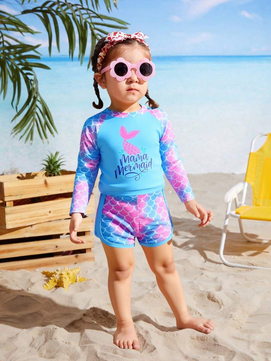 Baby Girl Mermaid Scale Print Long Sleeve Top And Shorts Beachwear Set