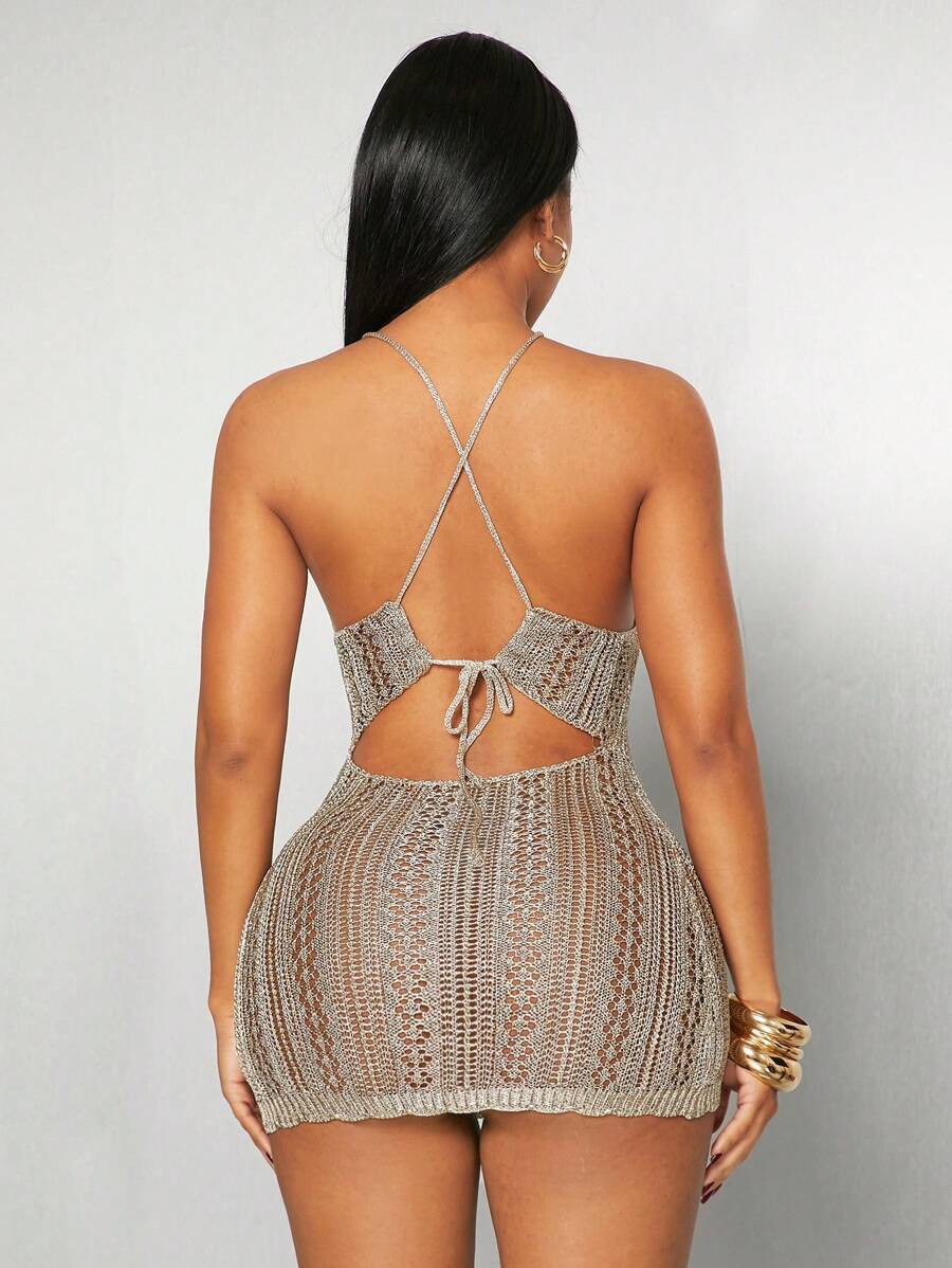 SHEIN SXY 女士镂空性感露背挂脖针织连衣裙