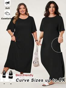 SHEIN CURVE+ Váy cỡ lớn màu tím siêu mềm và co giãn, dễ phối đồ, đa năng, phù hợp cho mùa hè, kỳ nghỉ ở bãi biển và khu nghỉ dưỡng Trang phục đi biển dành cho phụ nữ/Váy đi biển/Trang phục đi nghỉ ở bãi biển/Đồ dùng cần thiết đi biển/Váy tốt nghiệp/Váy tiệc trà - màu đen - Xem 7