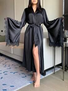 DAZY Charming Women's Long Satin & Lace Patchwork Bell Sleeve Sleepwear Robe, Fall Pajama, Winter - Black - View 5