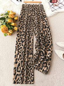 DreamSkyne Court Retro  Plus Size Women Cheetah Print Woven Casual Wide Leg Pants, Autumn/Winter