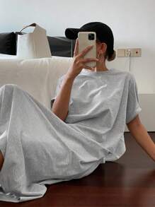 Livesso Summer New Loose Casual Solid Color Round Neck T-Shirt Style Women Mid-Length Dress Sundress - Grey - View 4