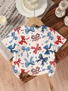 SHEIN Áo thun cổ tròn tay ngắn in nơ toàn thân cho bé gái, thích hợp cho mùa hè - Nhiều màu - Xem 2