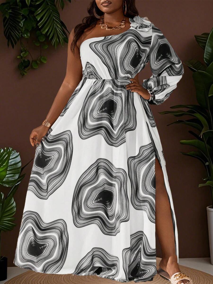 Slaydiva Plus Size Women Wood Grain Print Lantern Sleeve Casual Dress