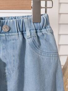 SHEIN Young Girl Summer Sleeveless Open Shoulder Top With Lighting Ruffle Hem & Loose Casual Wide Leg Jeans Set, Vacation Style