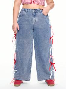 ROMWE Plus Size Kawaii Bow Decor Denim Jeans, For Valentine's Day - Blue - View 6