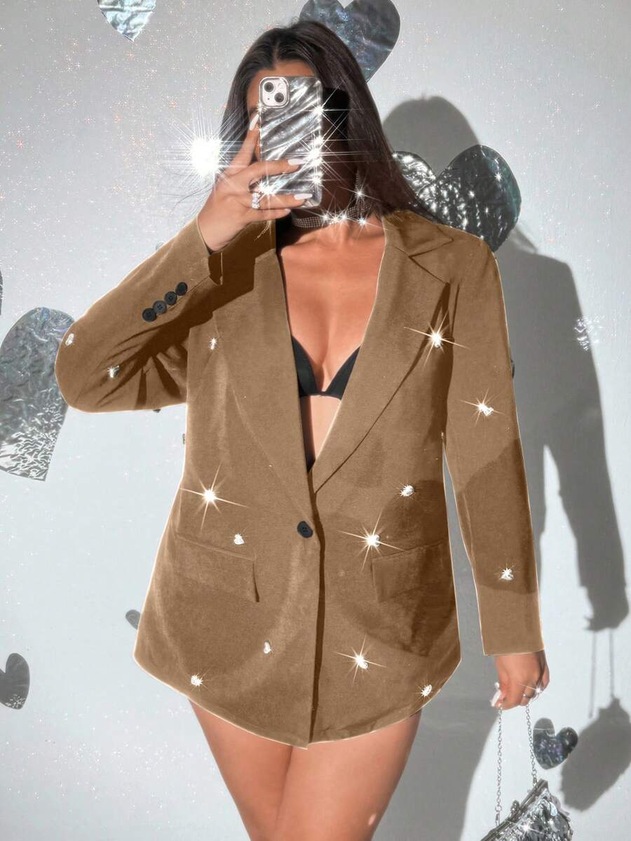Viva Relle Áo khoác Blazer thanh lịch cổ khoét lỗ cho nữ cỡ lớn tay dài thiết kế pha lê thời trang mùa thu, ngày lễ tình nhân - Màu Khaki - Xem 1