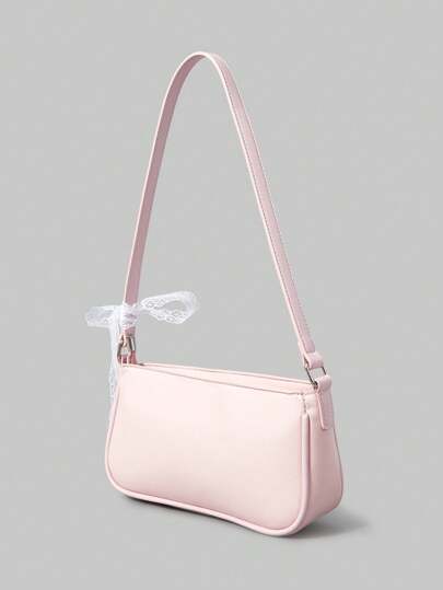 Kawaii Bolso de hombro con bordado en rosa y moño lindo para mujeres