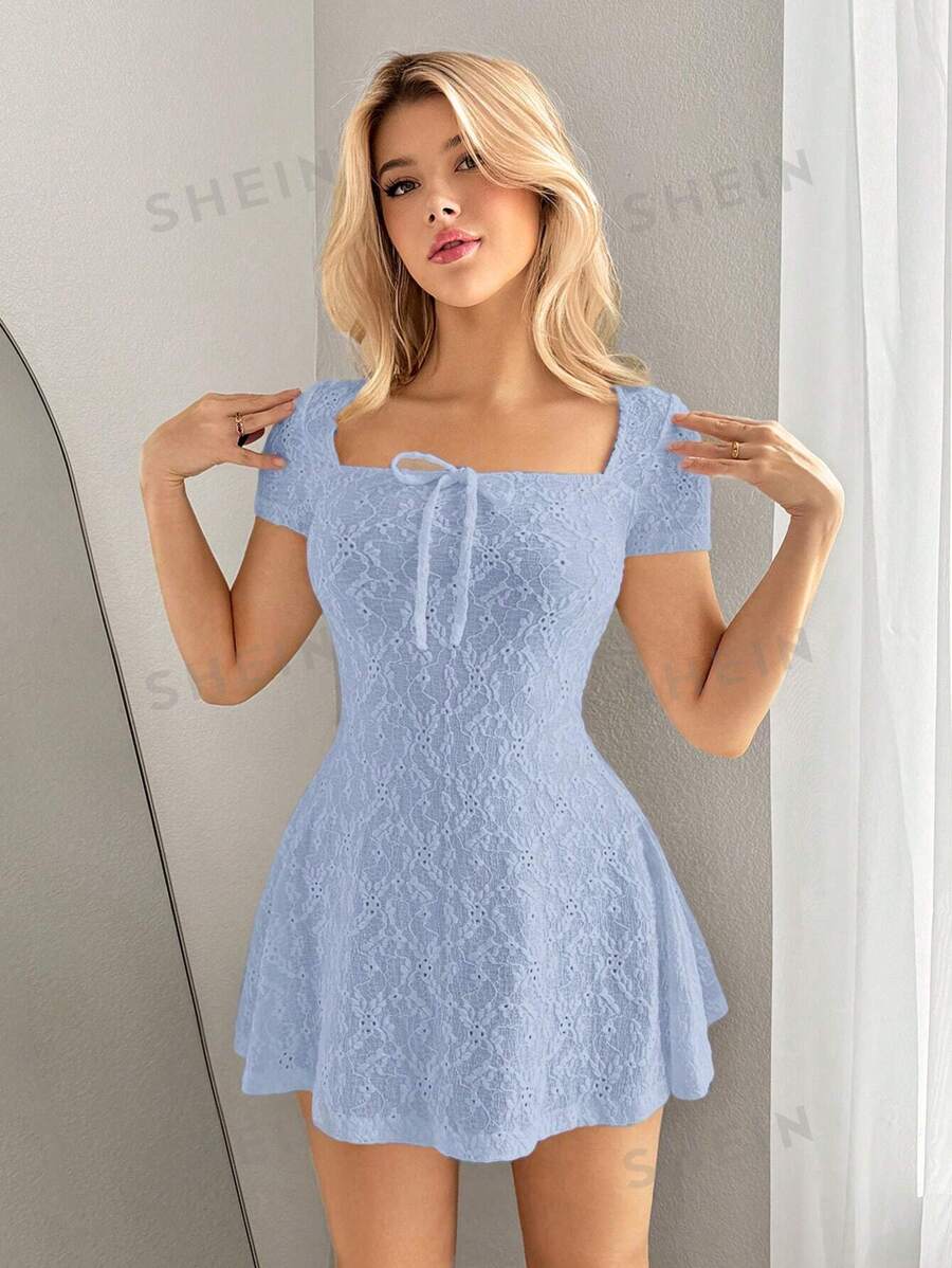 Sweetina Vestido de unicolor con escote cuadrado y manga corta en estilo mini Y2K para mujer, color blanco