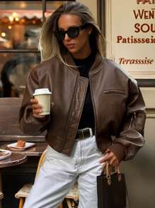 INAWLY 女式纯色长袖前拉链 PU 皮革棒球夹克（秋季） - 咖啡棕 - 查看 1