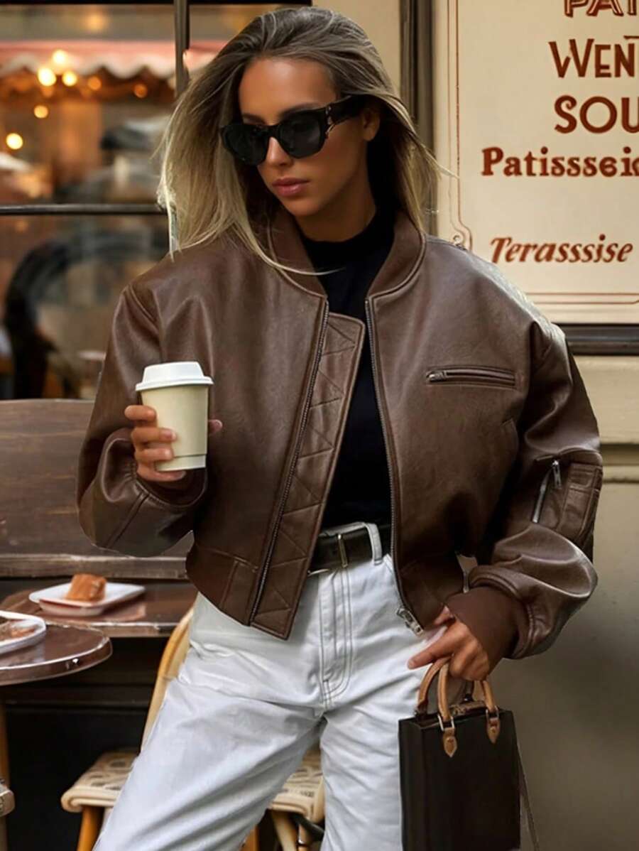 INAWLY 女式纯色长袖前拉链 PU 皮革棒球夹克（秋季） - 咖啡棕 - 查看 1