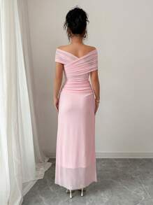 SHEIN Raffinéa Vestido largo elegante de mujer con diseño de volantes y cordón, adecuado para otoño, cumpleaños, invitado de boda - Rosa - Ver 2
