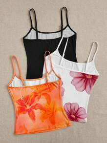 SHEIN EZwear 3pcs Set Casual Tropical Flower Print Cami Top, Vacation Attire For Spring Suitable For Going Out - Multicolor - View 2