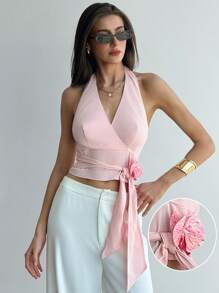 Aloruh Women's Elegant Solid Color 3D Floral Decor Tie-Front Backless Halter Blouse - Pink - View 1