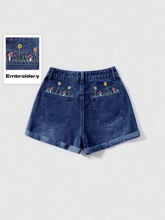 Fairycore Women's Casual Cute Sunflower Embroidery Denim A-Line Rolled Hem Shorts With Pockets