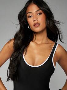 MISSGUIDED Athletic Performance One-Piece Swimsuit With Contrast Binding High Cut Competition Training Racing Swimming Beach Pool Summer Retro Sport Style - Black - View 4