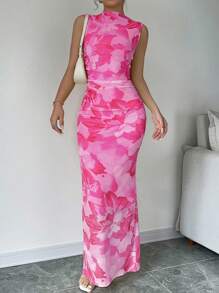 Rafferiza Váy đuôi cá thắt eo in hoa thanh lịch cho nữ, trang phục maxi mùa hè cho nữ - Hồng - Xem 1