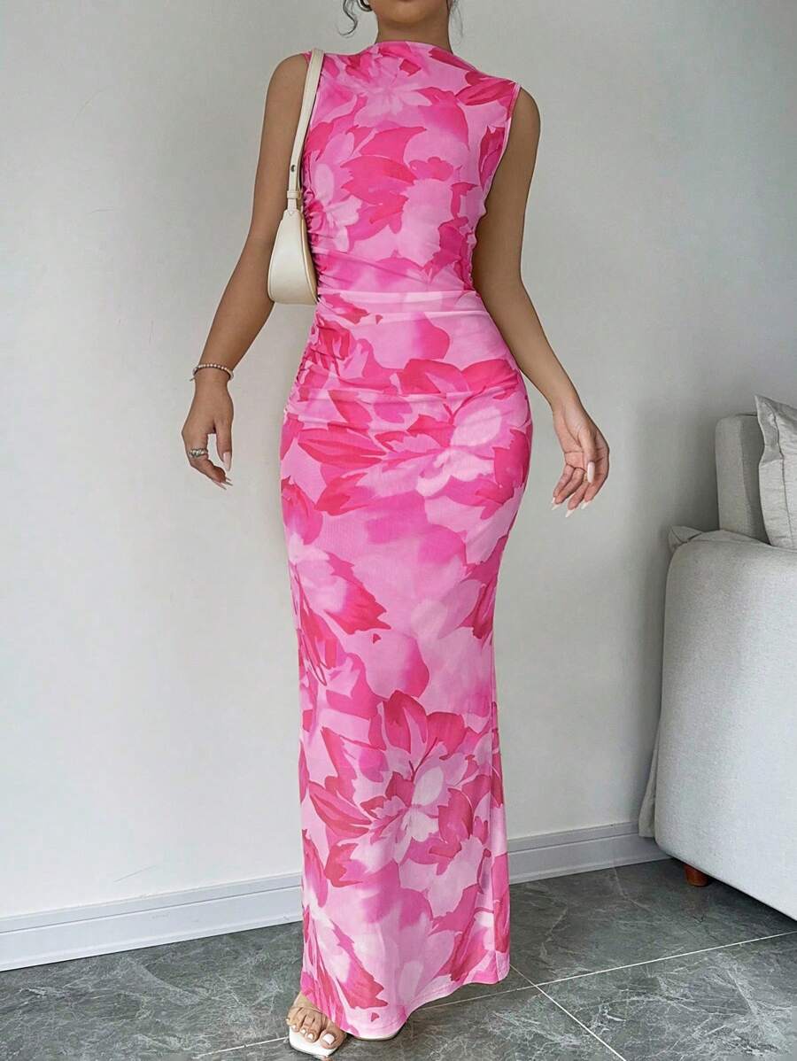 Rafferiza Váy đuôi cá thắt eo in hoa thanh lịch cho nữ, trang phục maxi mùa hè cho nữ - Hồng - Xem 1