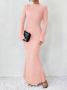 SHEIN Women's Summer Solid Color Slim Fit Long Sleeve Flared Dress Maxi Women Outfit Fall Cloth For Women - Baby Pink - View 5