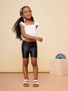 CutesyCutie  Young Girl Solid Color Knit PU Leather Form-Fitting Leggings,Spring And Summer Clothing - Black - View 8