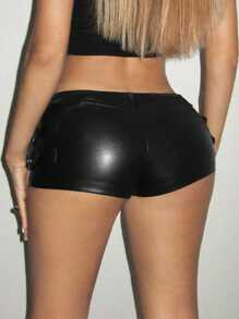 GloRilla x SHEIN ICON Y2k Black Tight Fit PU Low-Waist Decorated Ultra-Short Shorts Rave Festival Outfits