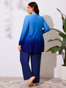 Swim Mulvari 加大码 2 件套渐变色印花长袖圆领宽松朴素女士布基尼泳衣 - 藏蓝色 - 查看 2