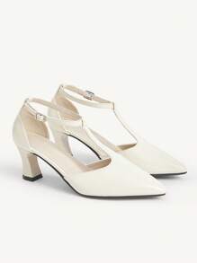 CUCCOO CHICEST 女士夏季新款简约T字镂空结构设计尖头粗跟方跟中跟通勤复古优雅正式百搭白色高跟鞋办公室工作装凉鞋