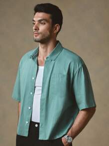 GENTILAND Men's Casual Solid Color Short Box-Shaped Short Sleeve Woven Shirt, Suitable For Everyday Wear