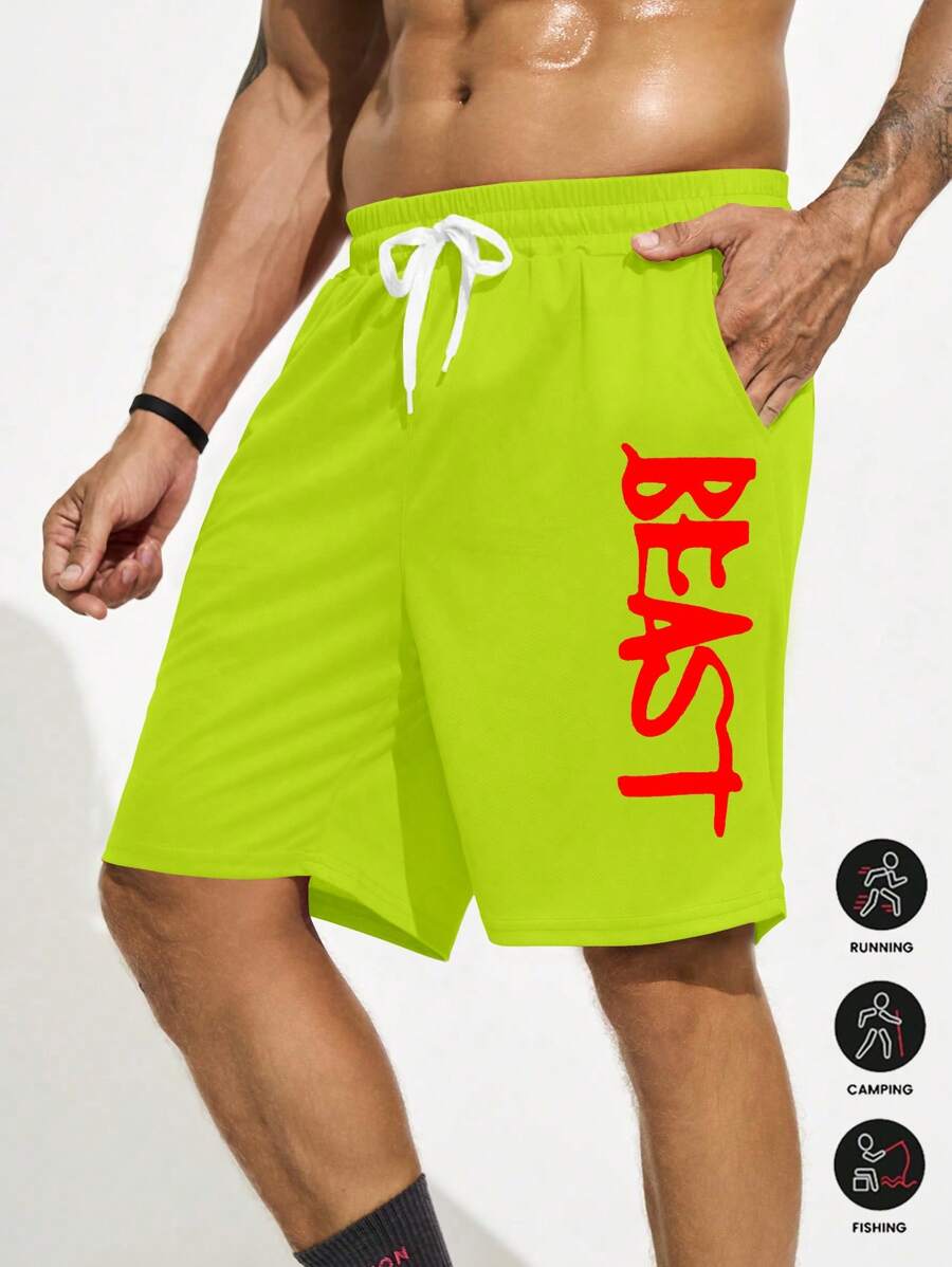 Gym Rark 男友风格男士字母印花抽绳口袋运动短裤,夏季学校健身短裤,适合 Mengym 男士服装,男士健身服,男士健身服 - 青檸色 - 查看 1
