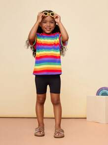 Set de 2 piezas CutesyCutie: Camiseta holgada de cuello redondo con rayas de arcoíris de punto y pantalones cortos de punto, para niñas jóvenes, conjunto de 2 piezas de accesorios para niñas jóvenes, conjunto de 2 piezas de parte superior para niñas jóvenes, conjuntos de ropa para niñas jóvenes de manga corta, ropa de primavera y verano