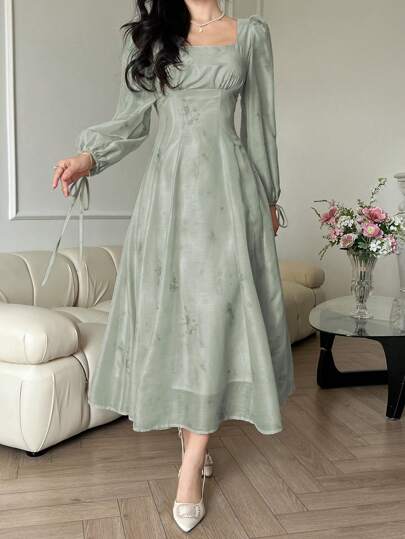 DAZY Women's Chiffon Floral Print Mid-Calf Dress, For Spring/Fall First Date Outfit Elegant Long Sleeve Dress