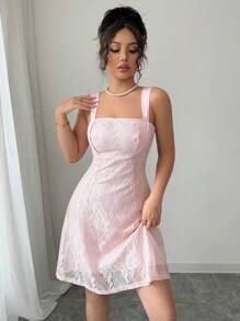 Selianne 无肩带高腰 A 字形优雅浪漫女式连衣裙 - 淺粉色 - 查看 7