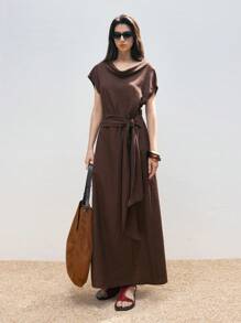 LYSMO 2025 Neuankömmling Damen langes braunes Kleid mit Volantärmeln, Taillenband und Rückenschlitz, Lässig Urlaub, Landhausstil