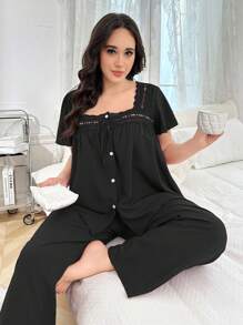 Conjunto de pijama de mujer talla grande con cuello cuadrado de encaje, manga de volantes y parches
