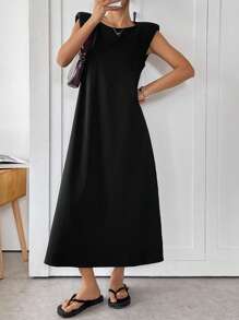 SHEIN EZwear Black Knit Women's Casual Loose Fit Round Neck Mini Dress - Black - View 3