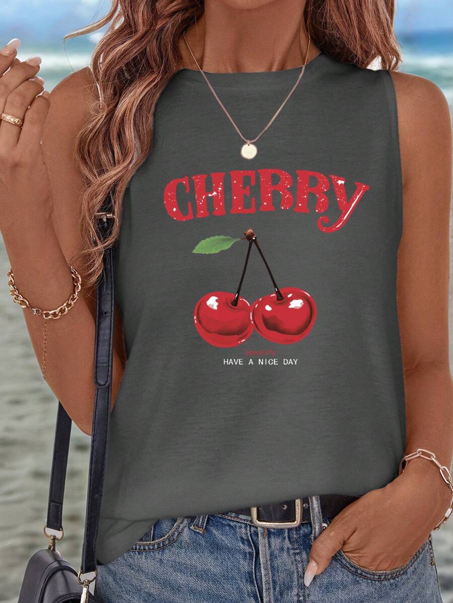 SHEIN LUNE CHERRY Camiseta sin mangas informal con estampado de frutas, adecuada para el verano - Gris Oscuro - Ver 1