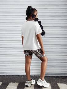 2pcs/Set Tween Girls Casual Fashion Leopard Print Motorcycle Long Sleeve T-Shirt & Pants Set