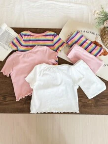 SHEIN Leap Crew 6pcs/Set Baby Girl Baby Girl Floral & Striped Ruffled Trim Short Sleeve Top & Pants Soft Pajama Sets - Multicolor - View 2