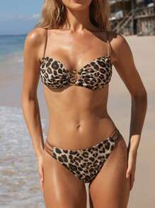 SHEIN Swim Bộ 2 món bikini nữ sexy họa tiết da báo, mẫu mới mùa hè, trang trí kim loại, dây rút, thiết kế rỗng - màu nâu - Xem 2