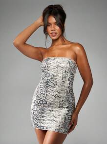 MISSGUIDED 蛇纹亮片抹胸迷你连衣裙，适合派对、夜店、晚宴、紧身无肩带节日、新年夜等特殊场合。 - 彩色 - 查看 5